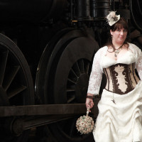 Steampunk Victorian Trainyard Bridals with a plus size bride