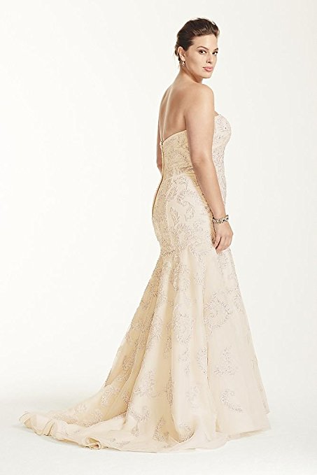 Tulle Plus Size Oleg Cassini Lace Trumpet Beaded Wedding Dress Style 8CMB619 | Pretty Pear Bride
