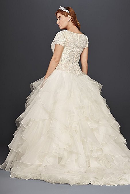 Organza Oleg Cassini Plus Size Modest Ruffle Wedding Dress Style 8SLCWG568 | Pretty Pear Bride