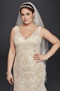 Oleg Cassini Plus Size Lace Trumpet Wedding Dress Style 8CWG747 | Pretty Pear Bride