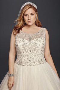 Tulle Oleg Cassini Plus Size Beaded Wedding Ball Gown Wedding Dress Style 8CV745 | Pretty Pear Bride