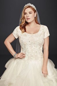 Organza Oleg Cassini Plus Size Modest Ruffle Wedding Dress Style 8SLCWG568 | Pretty Pear Bride