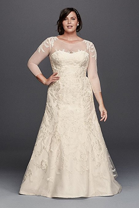 Lace Oleg Cassini Plus Size Wedding Dress with Sleeves Style 8CWG704 | Pretty Pear Bride