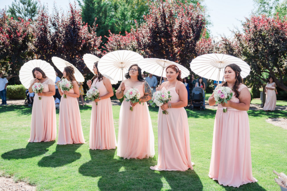 Romantic Garden Wedding, plus size bride, blush bridesmaid dresses