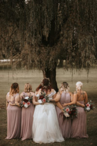bridal party, blush bridesmaid dresses, plus size bride, plus size wedding gown