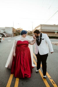 plus size bride, red wedding dress, cape