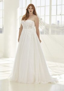 pronovias, ashley graham, plus size bride, plus size wedding gown, plus wedding dress