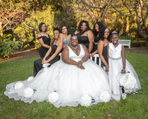 plus size bride, plus size wedding dress, black bridesmaid dresses