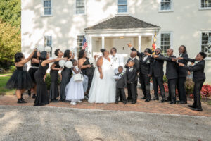 plus size bride, plus size wedding dress, black and white wedding colors, black bridesmaid dresses