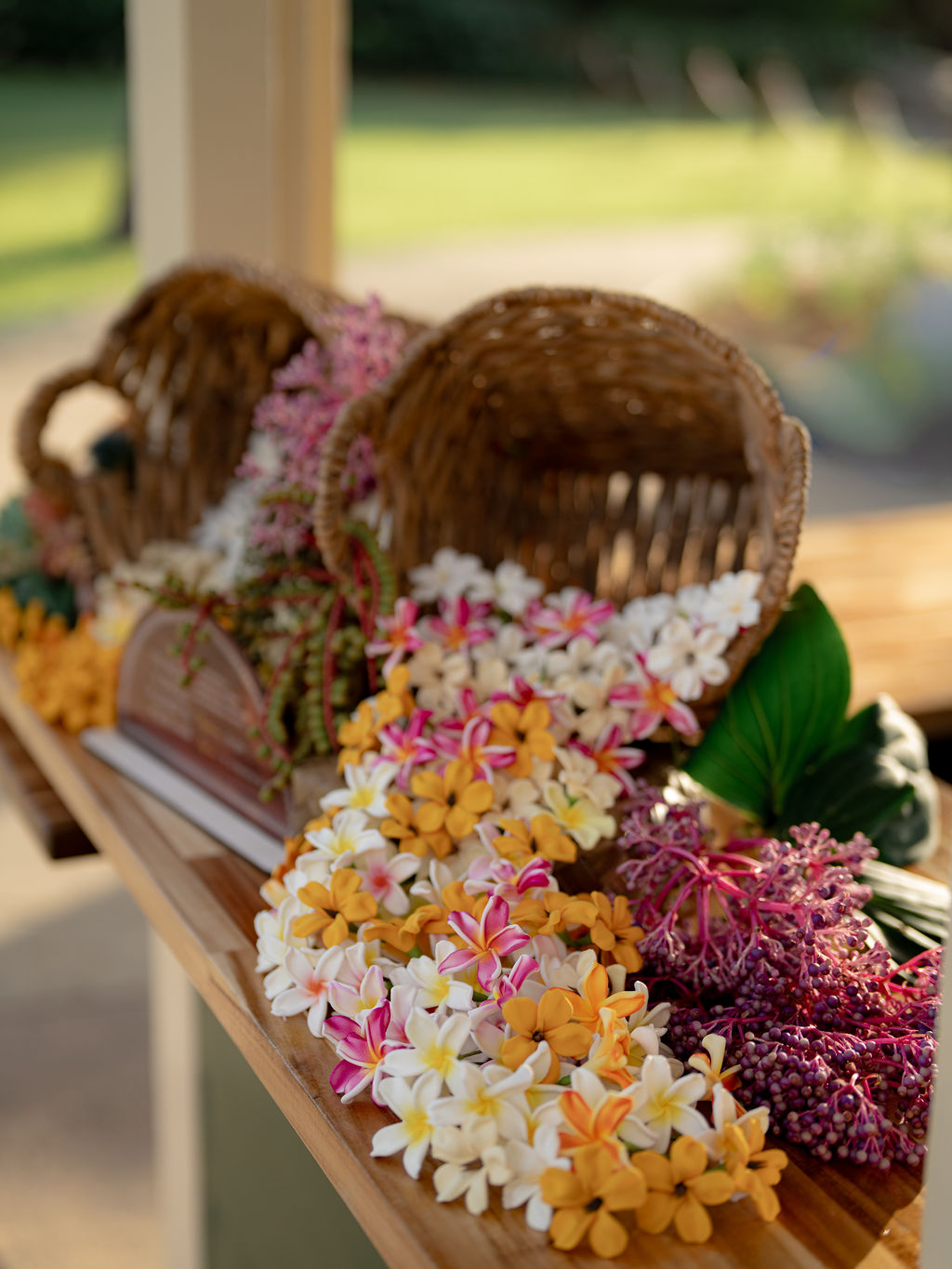 Hawaiian flowers at a maui welcome part at The Ritz-Carlton Maui, Kapalua